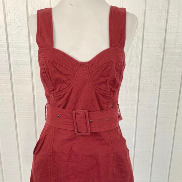 Urban Outfitters Women Angelique Belted Sleeveless Linen Mini Dress Red Size 2 - Picture 3 of 9